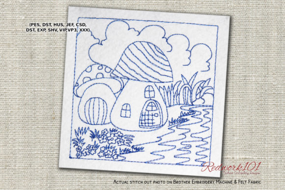 River Side Mushroom House Lineart Embroidery Design